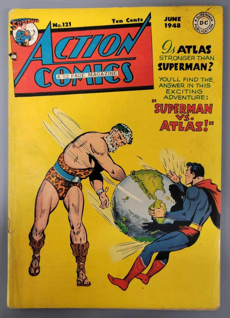 Action Comics 121 (DC) 1948: Action Comics 121 centerfold detached at top staple, top spine split 3/4 inch, bottom 1/4 inch some chipping and edge wear as seen in the photos.