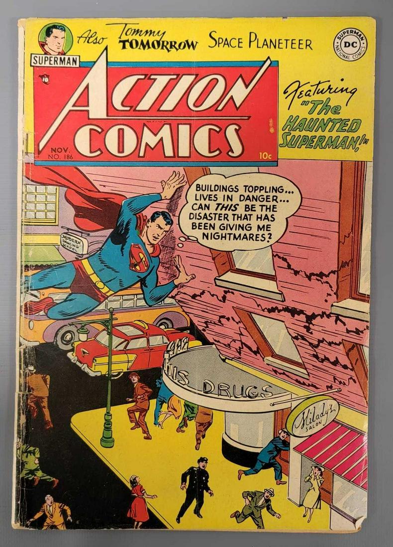 Action Comics 186 (DC) 1953: Action Comics 186 heavy edge wear, cover is still attached as seen in the photos.