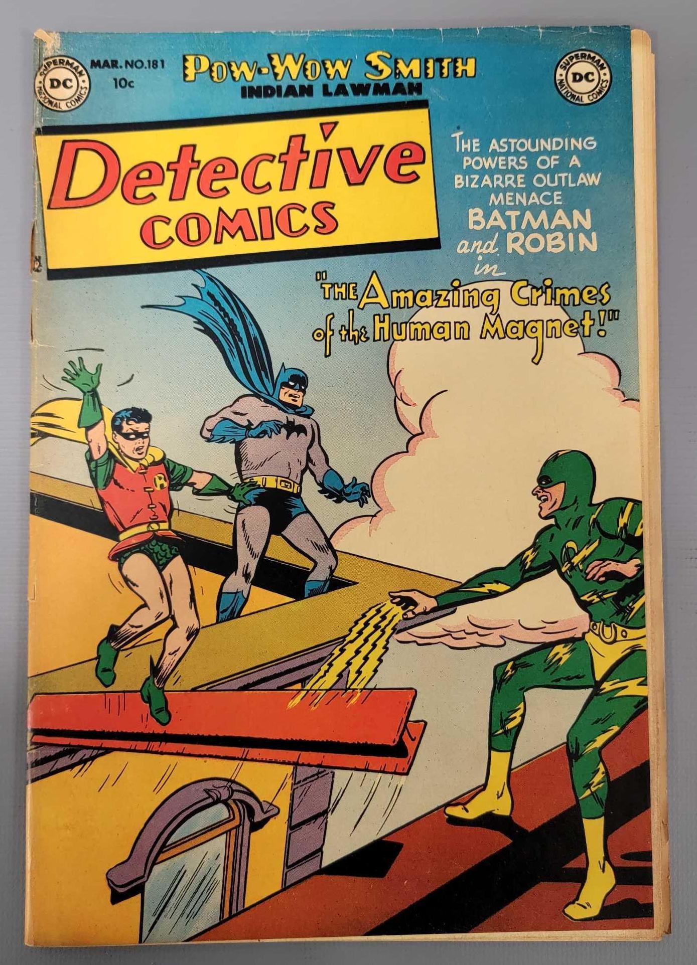 Detective Comics 181 (DC) 1952: Detective Comics 181 top spine split to staple, spine roll and edge wear on top front and back as seen in the photos.
