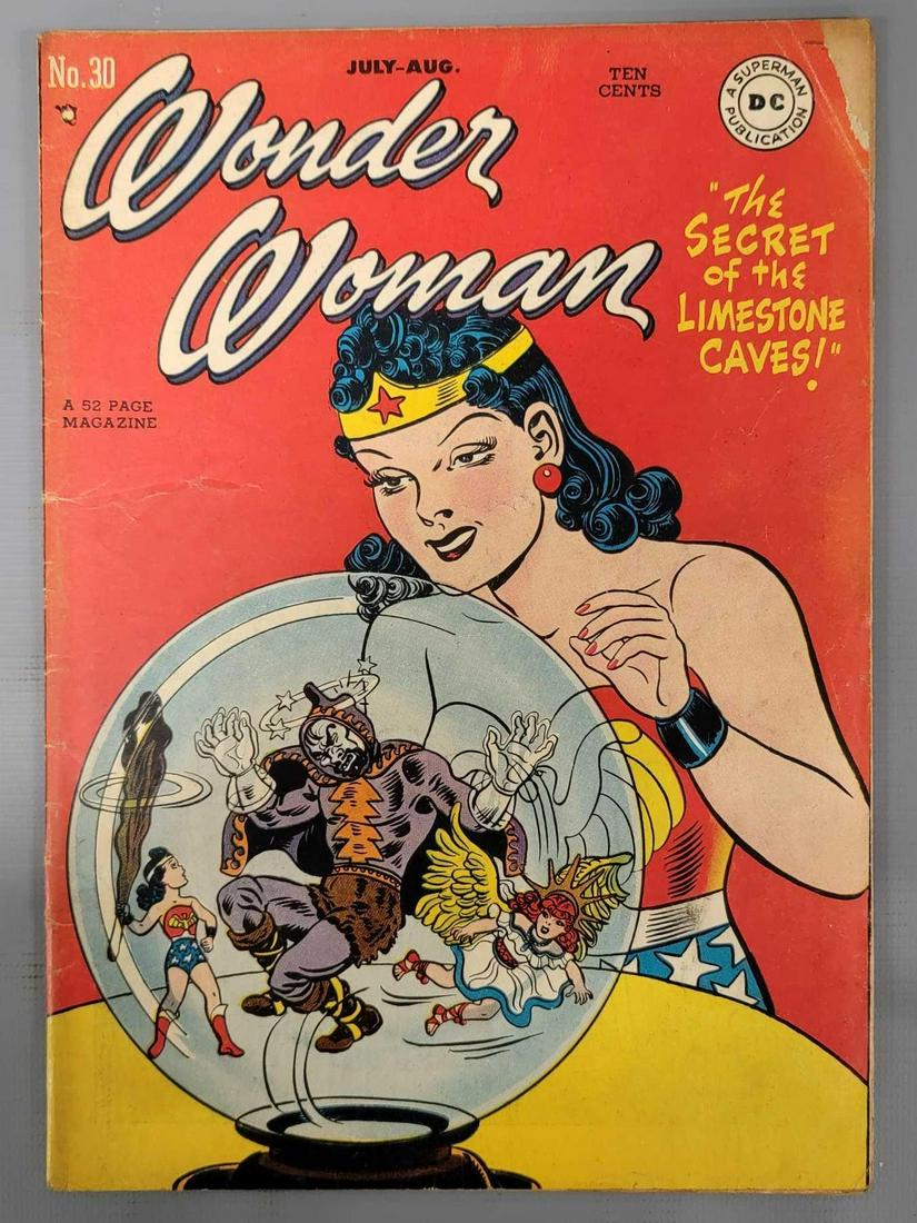 Wonder Woman 30 (DC) 1948: Wonder Woman 30 color lift on back cover, top right corner of front cover missing, staple tears but still attached as seen in the photos.