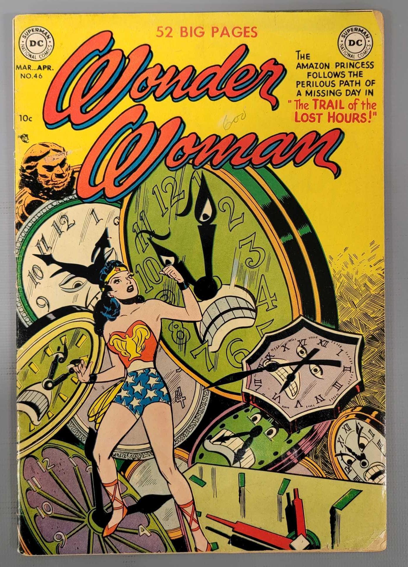 Wonder Woman 46 (DC) 1951: Wonder Woman 46 bottom left corner chipped, staple tears but still attached, top and bottom of right cover chipped as seen in the photos.