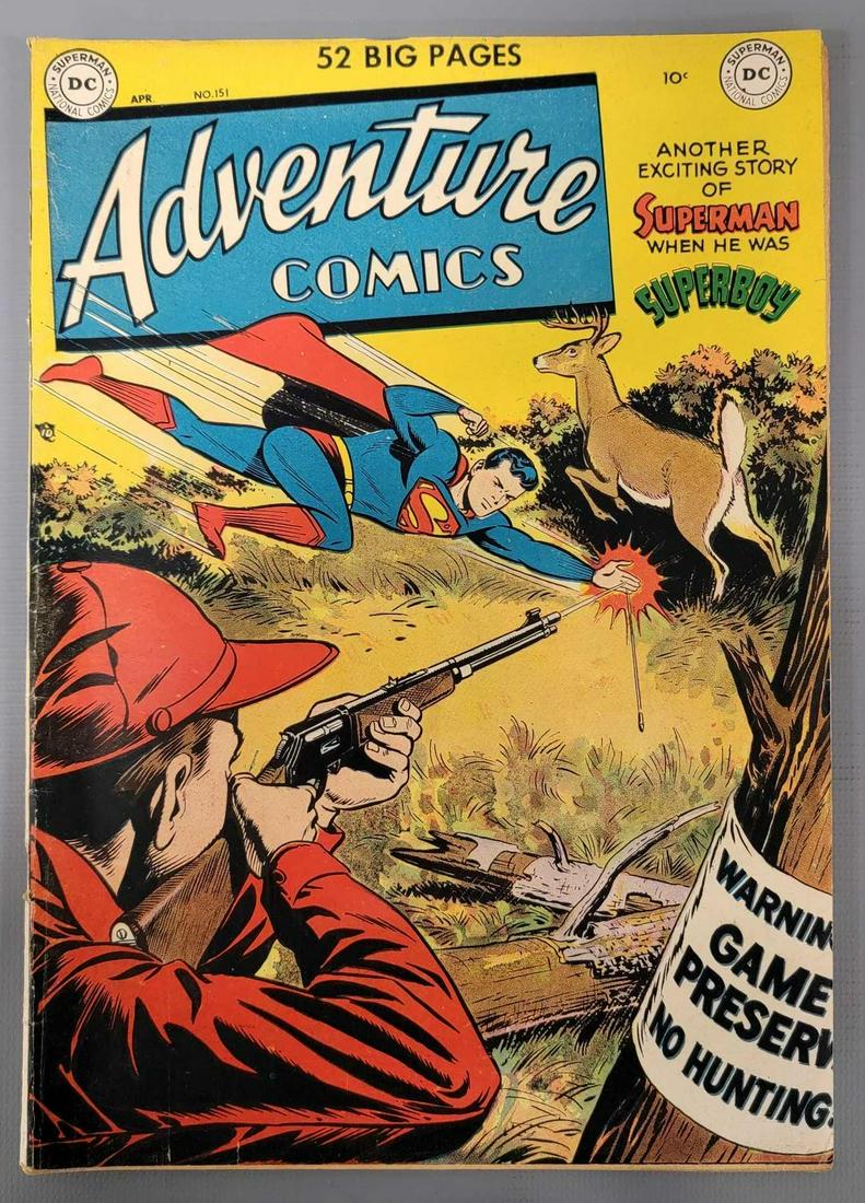 Adventure Comics 151 (DC) 1950: Adventure Comics 151 ink on back cover, bottom staple tear but still attached as seen in the photos.