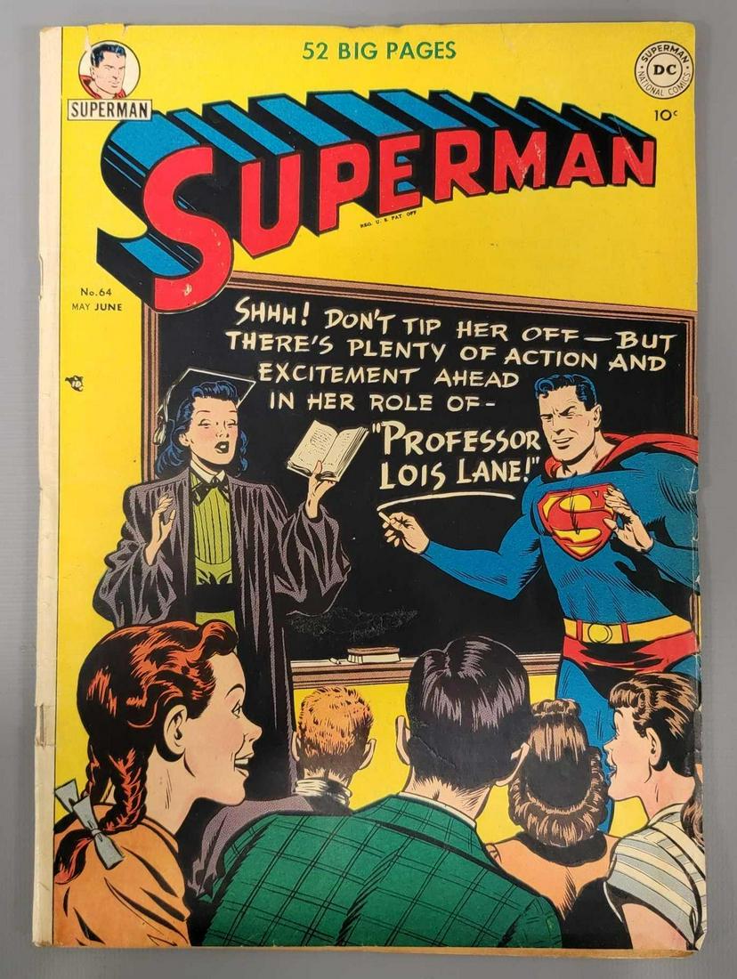 Superman 64 (DC) 1950: Superman 64 moderate edge wear with multiple small tears, staple tears but well attached, spine roll as seen in the photos.