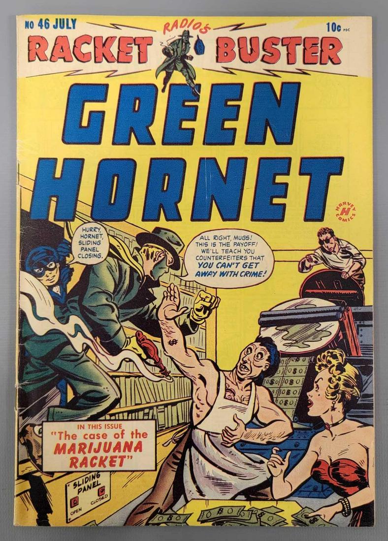 Green Hornet 46 (Harvey) 1949: Green Hornet 46 stain on the middle of back cover, creased at bottom staple as seen in the photos.