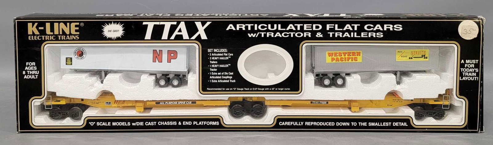 K-Line O gauge 77025 Chicago & Northwestern TTAX articulated flat cars in original box: K-Line O gauge 77025 Chicago and Northwestern TTAX articulated flat cars with trailers in original box, C8-9, missing the tractor, comes in a very good original box.