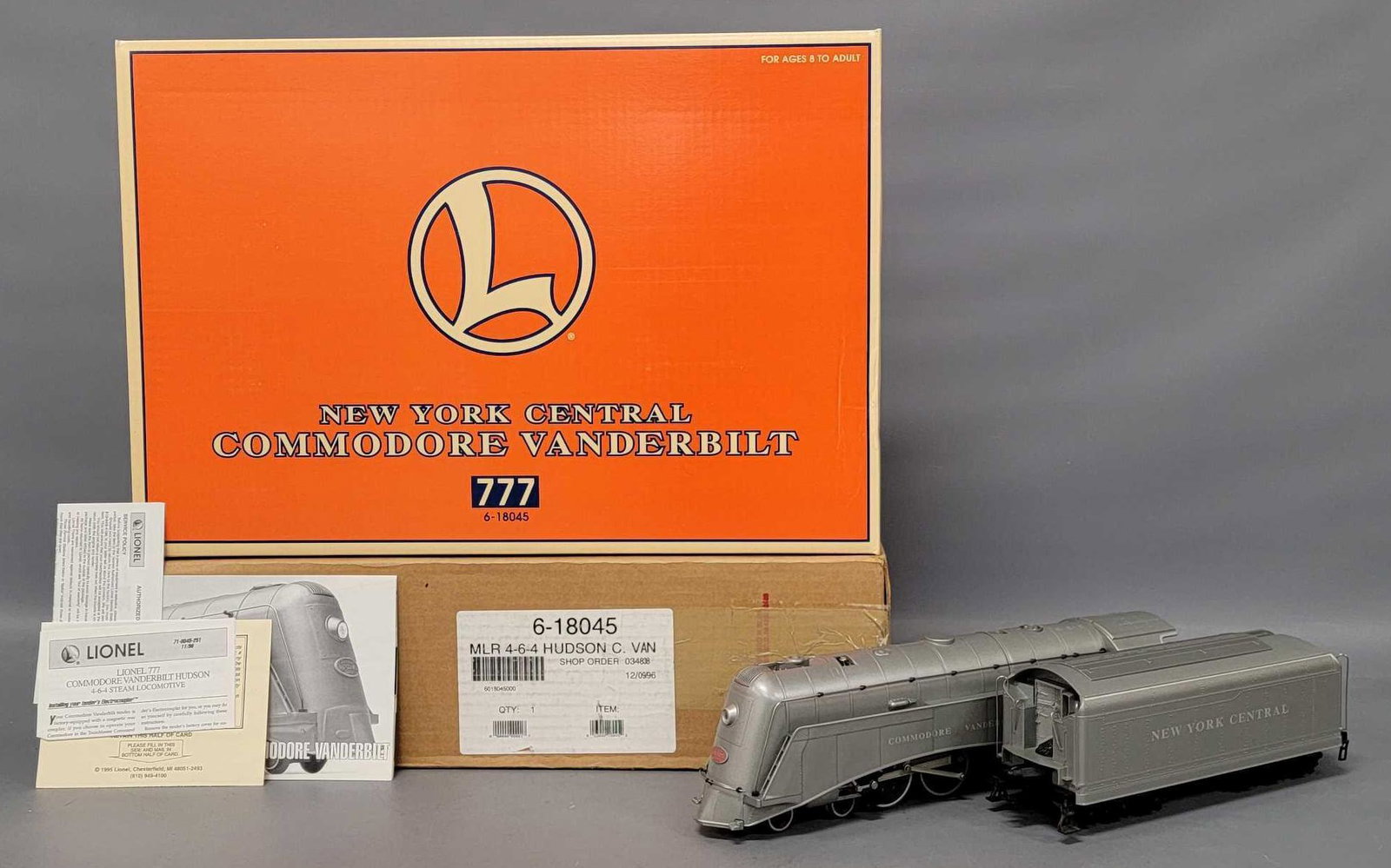 Lionel modern era O 18045 New York Central Commodore Vanderbilt 777 in original box: Lionel modern era O 18045 New York Central Commodore Vanderbilt 777 in original box. Locomotive shows heavy run time and is C7-8 in an excellent original box with original paperwork.