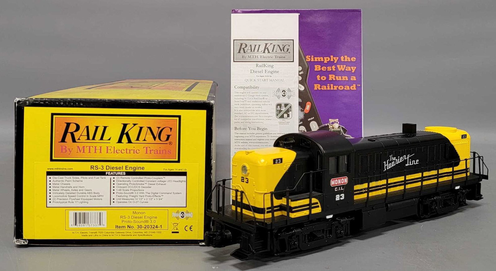 MTH Rail King O gauge 30-20324-1 Monon RS-3 diesel locomotive in original box: MTH Rail King O gauge 30-20324-1 Monon RS-3 diesel locomotive in original box. Unit shows light run time and is C8 in an excellent original box.