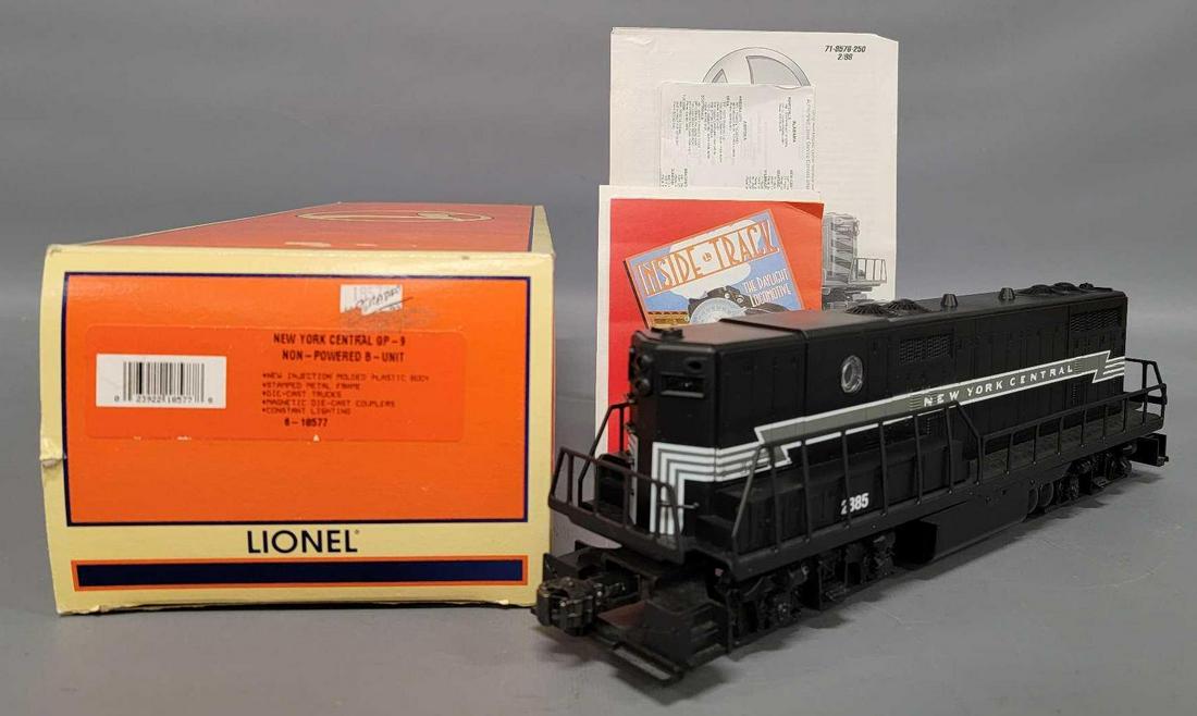 Lionel modern era O 18577 New York Central GP-9 non-powered diesel locomotive in original box: Lionel modern era O 18577 New York Central GP-9 non-powered diesel locomotive in original box. Unit shows moderate run time and is C8 in a very good original box with original paperwork.