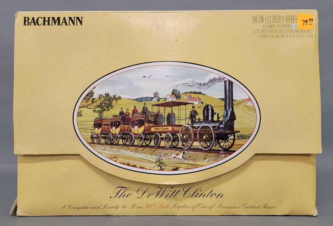 Bachmann HO The Dewitt Clinton 1800 passenger train set in original box 00641: Bachmann HO The Dewitt Clinton 1800 passenger train set in original box, stock number 00641, 4 wheel engine with 4 wheel tender, 3 stage coach body passenger cars, track and transformer, excellent to
