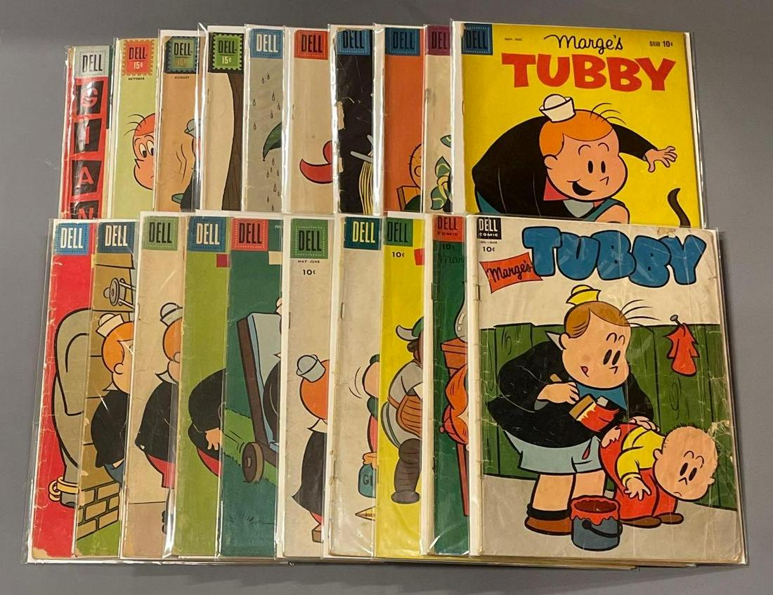 20 Marge's Tubby (Dell): 20 Marges Tubby lot 2 (Dell) 7, 10, 13, 19, 28, 29, 31, 32, 34, 36, 37, 40, 41, 43-48, clubhouse pals, most books are low grade with some in mid grade as seen in the photos.