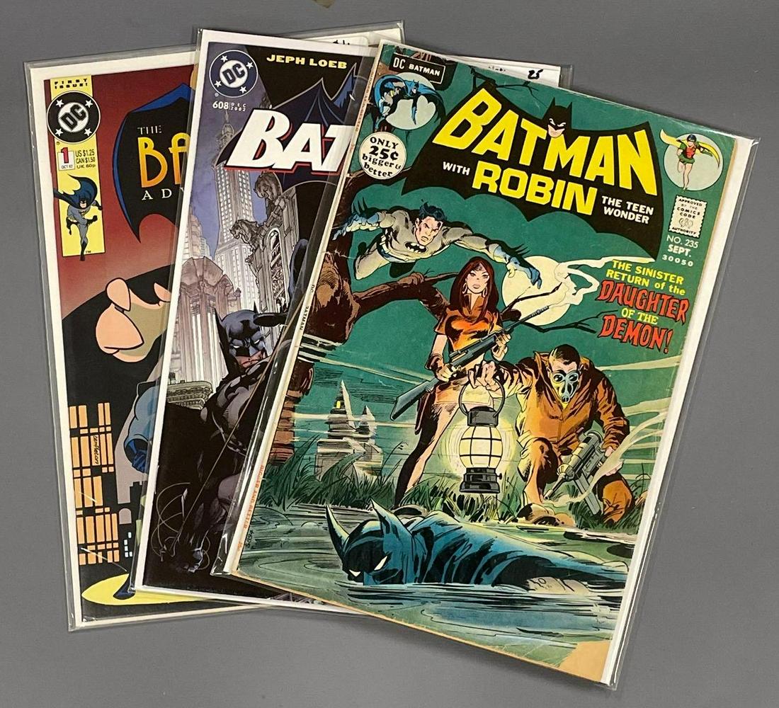 Batman lot of 3 (DC): Batman 235 (2nd Ra's Al Ghul, Neal Adams cover) low grade with chipping and missing pieces. 608 Hush Part 1 high grade book. Batman Adventures 1 high grade as seen in the photos.
