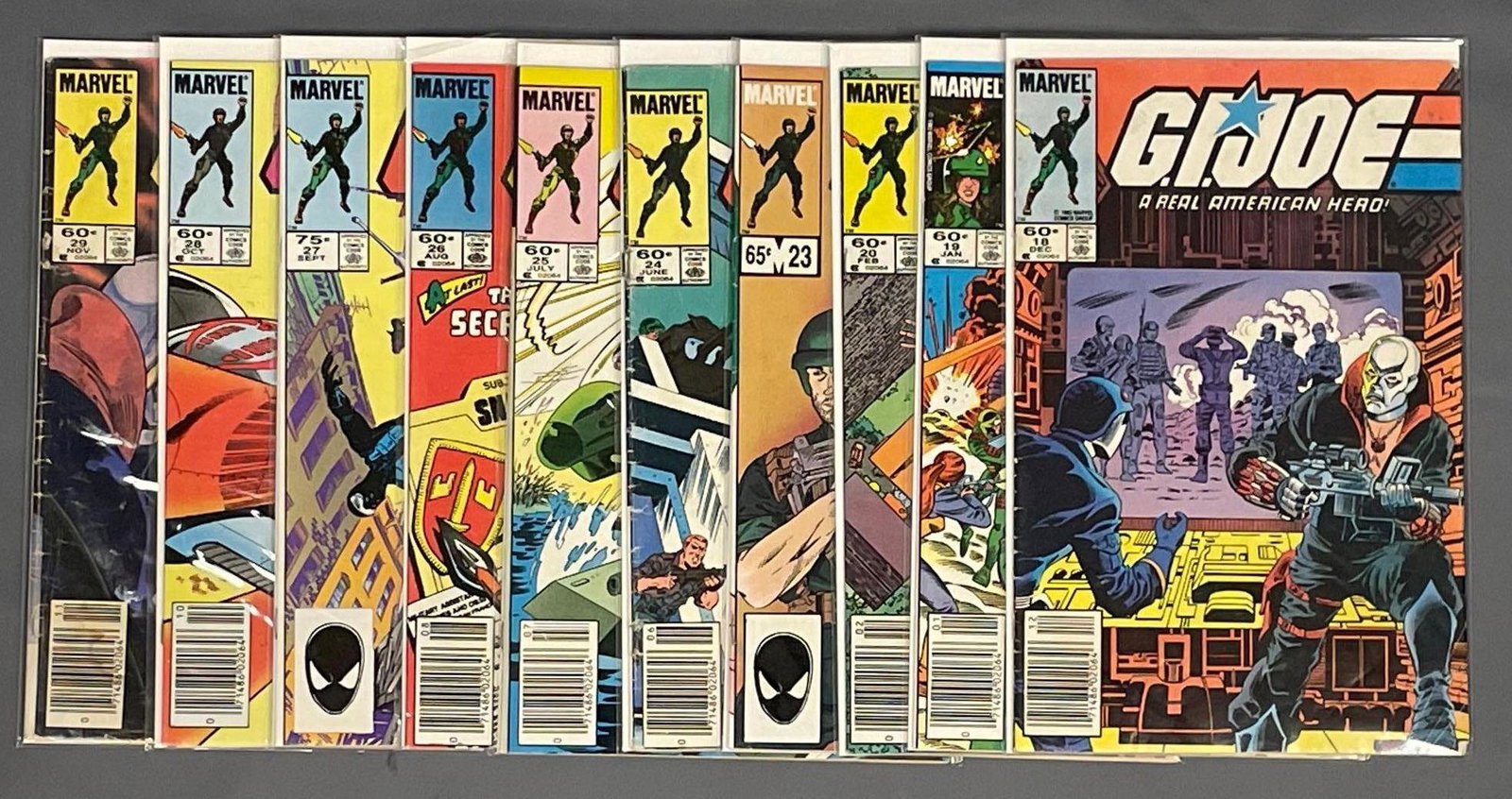G.I. Joe group of 10 (Marvel) 1st appearance Firefly, Wild Weasel, Zartan etc: G.I. Joe group of 10 (Marvel) 1st appearance Firefly, Wild Weasel, Zartan, Hard Master and Soft Master, Timber. G.I. Joe 18, 24 and 29 are low grade reader copies, 19, 20, and 23 are mid grade copies,