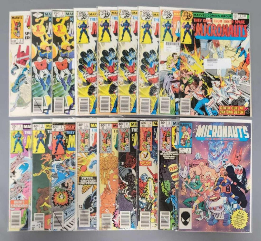 18 Micronauts comics(Marvel): 18 Micronauts (Marvel) special edition 1, annual 1 x2, 1 x4, 2-6 with extra 4, 8, 12, 14-16, new voyages 1. Numbers 6, 12, 15 are low grade, all others are mid grade or better as seen in the photos.