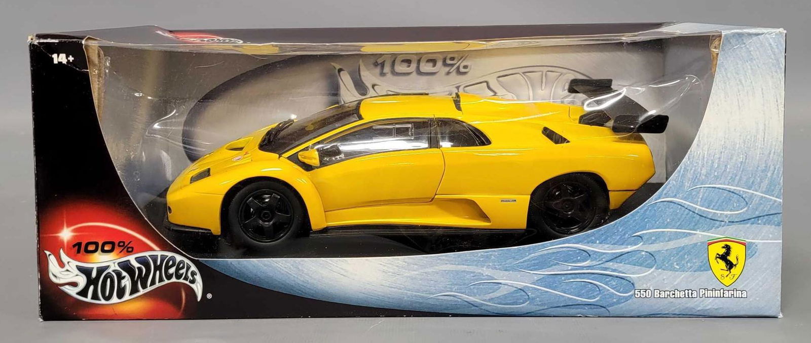 Hot Wheels 100% Lamborghini 550 Barchetta Pininfarina 1/18 scale die cast in original box: Hot Wheels 100% Lamborghini 550 Barchetta Pininfarina 1/18 scale die cast in original box, mint in a fair box with some issues as seen in the photos.