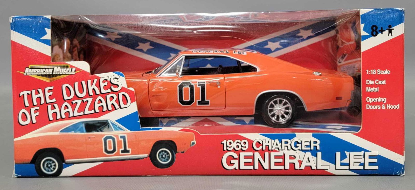 Ertl American Muscle Dukes of Hazzard General Lee 1/18 scale die cast in original box: Ertl American Muscle Dukes of Hazzard 1969 Dodge Charger General Lee 1/18 scale die cast in original box, mint in a very good to excellent original box as seen in the photos.