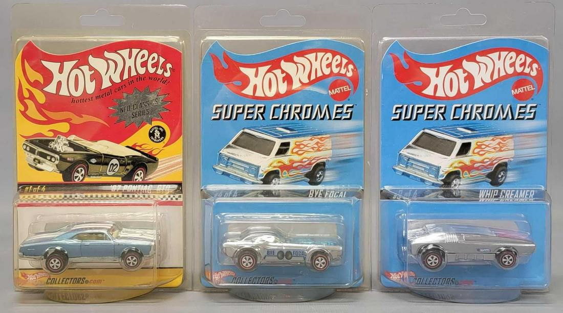 Hot Wheels RLC Super Chromes Whip Creamer and Bye Focal plus Neo Classics 67 GTO: Hot Wheels RLC Super Chromes Whip Creamer and Bye Focal plus Neo Classics 67 GTO, all mint on sealed blister cards with protectors.