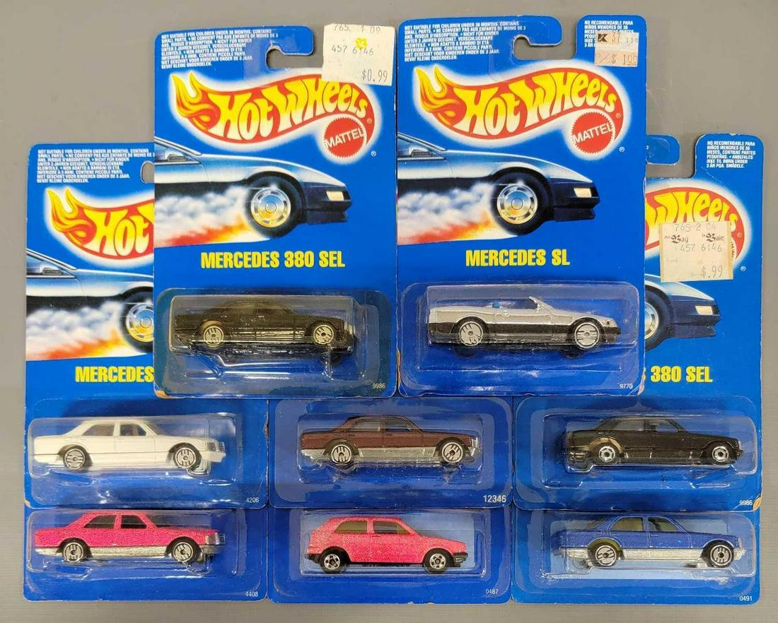 Eight Hot Wheels international Cards: Eight Hot Wheels international Cards. VW golf, Mercedes SL, Mercedes 380 SEL, Mercedes 380 SEL pink, Mercedes 380 SEL White, Mercedes 380 SEL blue, Mercedes 380 SEL black, Mercedes 380 SEL if falling