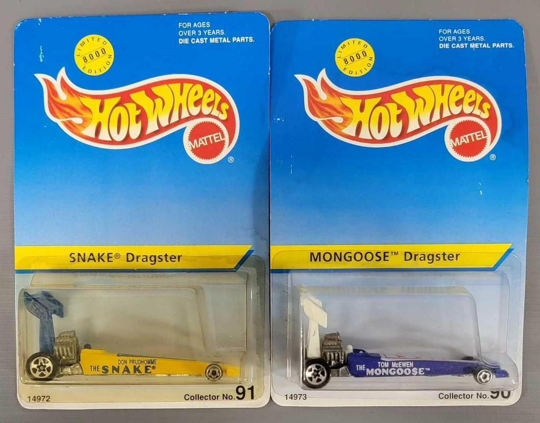 Two Hot Wheels Snake and Mongoose Dragsters: Hot Wheels Snake and Mongoose Dragsters. Limited Edition to 8000 Collector #90 and #91 mint on blister card and Cards are near mint