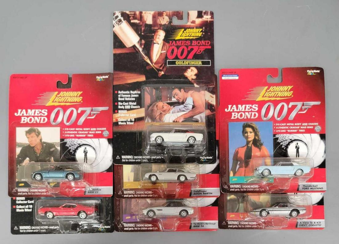 Seven Johnny lightning James Bond 007 Group: Seven Johnny lightning James Bond 007 Group. Aston Martin, BMW Z8, Goldfinger, Diamonds are Forever, and BMW Z3, Ford Mustang, and Chevy Corvette mint on blister card and Cards are near mint