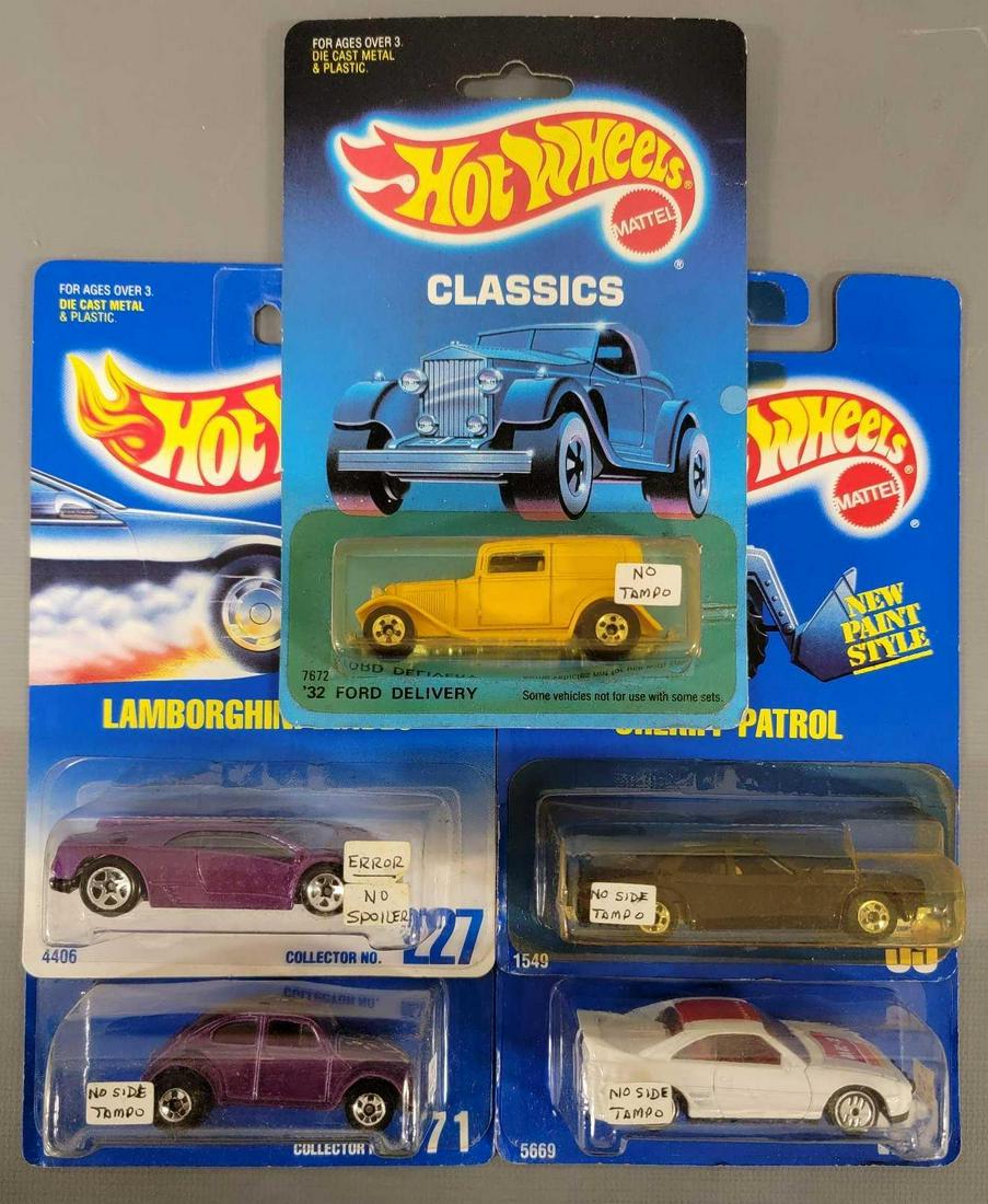 Five Hot Wheels Factory ERROR cars mint on blister card: Five Hot Wheels Factory ERROR cars mint on blister card. Sheriff Patrol No side Tampo, Toyota MR2 No Side Tampo, VW Bug No Side Tampo, 32 Ford Delivery No Tampo, Lamborghini No Spoiler