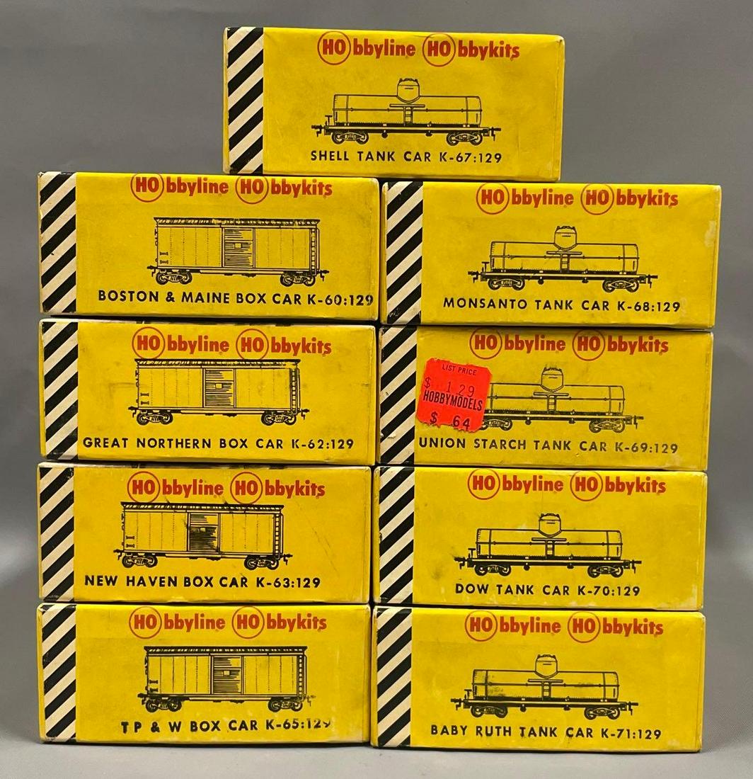 Nine different English Hobbyline HO freight car kits in original boxes: Nine different English Hobbyline HO freight car kits in original boxes to include four box cars and five tank cars, all complete and unbuilt with original instruction sheets and decals.