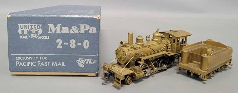 United PFM HO scale brass Ma and Pa 2-8-0 steam locomotive in original box: United PFM HO scale brass Ma and Pa 2-8-0 steam locomotive in original box, C6-7 in an excellent original box.