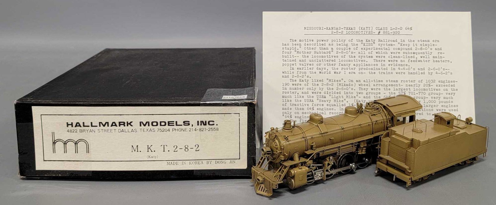 Hallmark HO scale brass MKT 2-8-2 steam locomotive in original box: Hallmark HO scale brass MKT 2-8-2 steam locomotive in original box, shows little to no run time and is C7-8 with a very good original box with original paperwork.