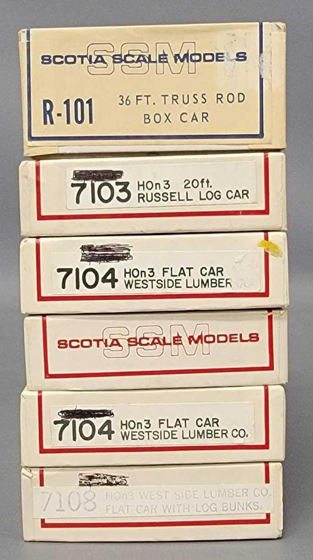 Six Scotia Scale Models HOn3 craftsman kits in original boxes: Six Scotia Scale Models HOn3 craftsman kits in original boxes to include two Westside Lumber Co flat cars, two Westside Lumber Co flat cars with log bunks, one Russell log car and a 36 foot truss rod