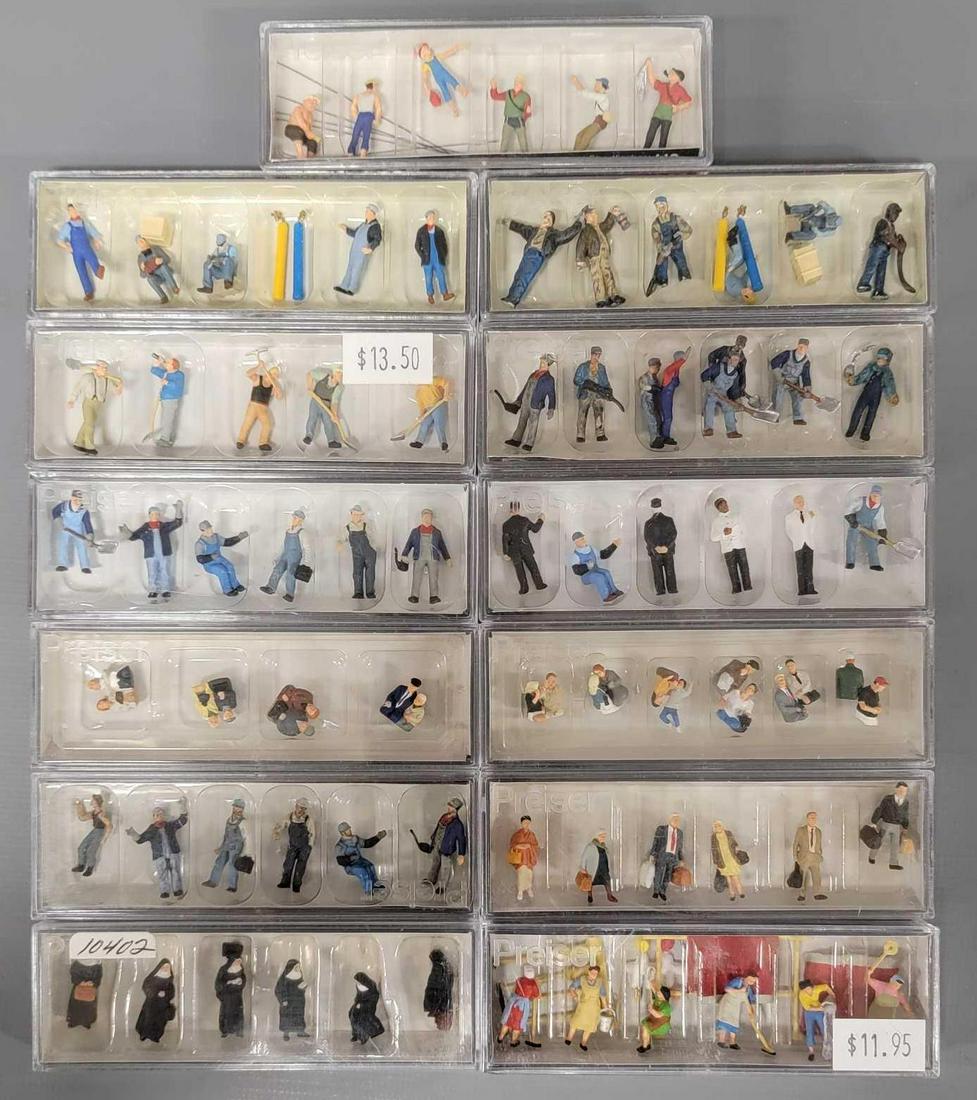 Thirteen sets of Preiser hand painted HO scale figures in clear boxes (1 of 5)
