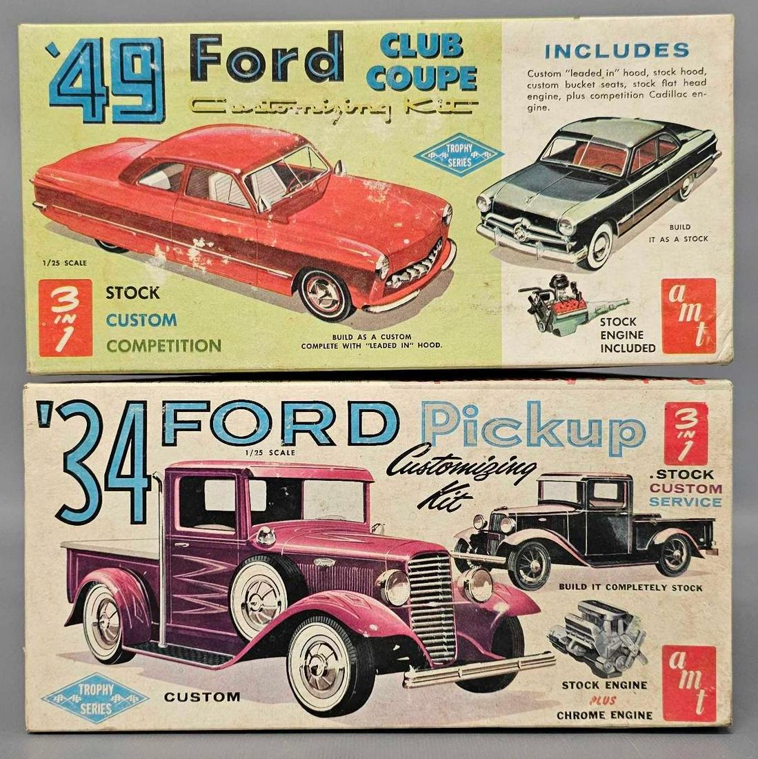 Two unbuilt AMT Ford 1/25 scale model kits in original boxes: Two unbuilt AMT Ford 1/25 scale model kits in original boxes to include T149-149 1949 club coupe and T134-149 1934 pickup. Sold as-is as seen in the photos with no returns, some work was done on the e