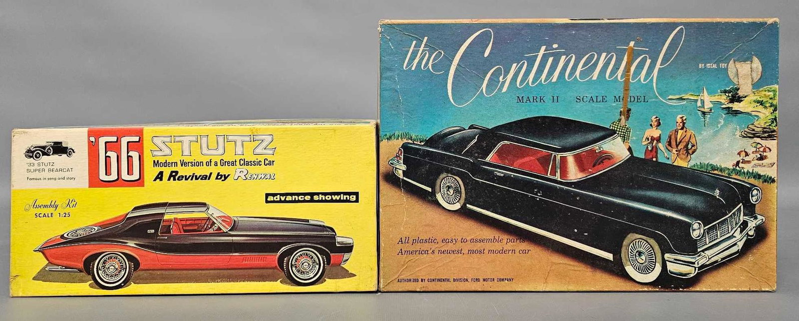 Renwal 66 Stutz and Ideal Continental Mark II model kits in original boxes: Renwal 66 Stutz and Ideal Continental Mark II model kits in original boxes. The Stutz has some work started and is missing at least a steering wheel and possibly more. The Continental has been build a