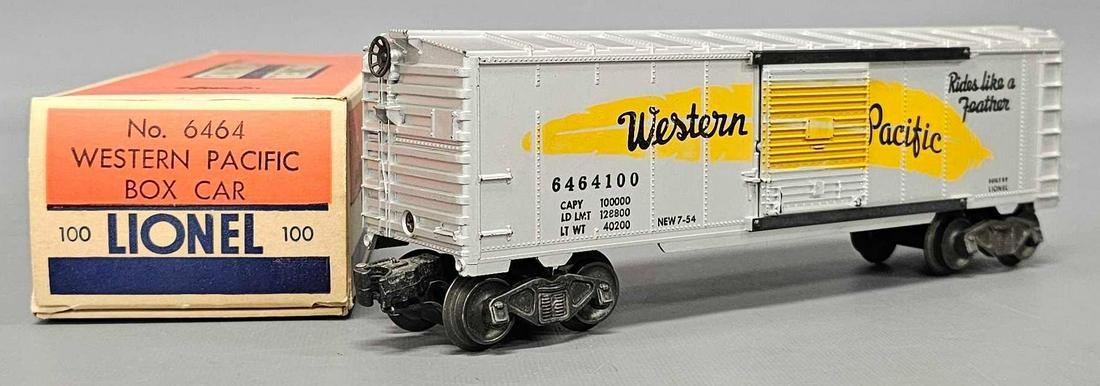 Lionel postwar O 6464-100 Western Pacific box car in original box: Lionel postwar O 6464-100 Western Pacific box car in original box, shows light run time and is C7-8 in a brick original box as seen in the photos.