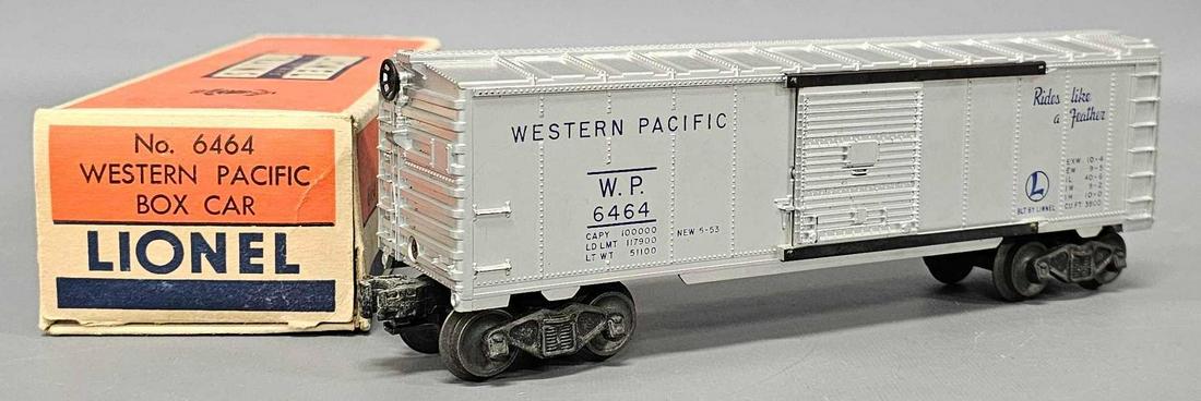 Unrun Lionel postwar O 6464-1 Western Pacific box car in original box: Unrun Lionel postwar O 6464-1 Western Pacific box car in original box, car is unrun but does have a tiny amount of oxidation on the trucks as seen in the photos, otherwise C7-8 in a good original box.