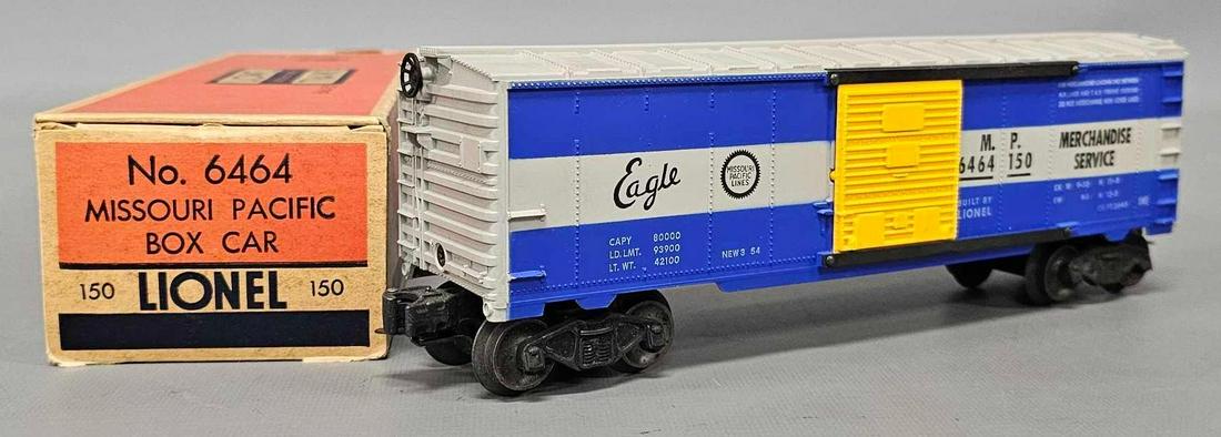 Unrun Lionel postwar O 6464-150 Missouri Pacific box car in original box: Unrun Lionel postwar O 6464-150 Missouri Pacific box car in original box, C8-9 in a good original box as seen in the photos.