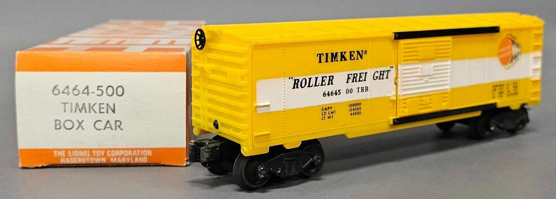 Unrun Lionel postwar O 6464-500 Timken box car in original box: Unrun Lionel postwar O 6464-500 Timken box car in original Hagerstown checkerboard box, C9-10 in an excellent original box as seen in the photos.