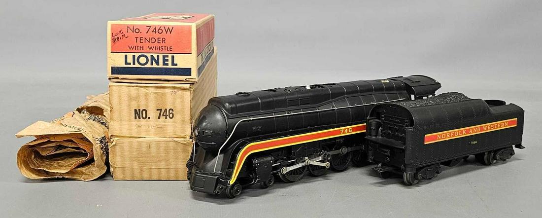 Lionel postwar O 746 Norfolk & Western J steam locomotive and tender in original boxes: Lionel postwar O 746 Norfolk & Western J steam locomotive and tender in original boxes, C7 with very good original boxes as seen in the photos.