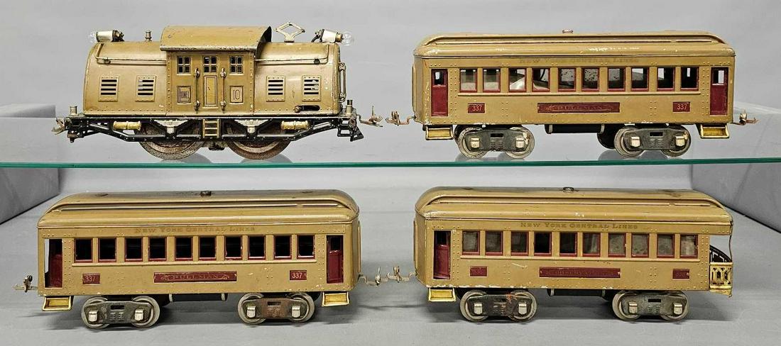 Lionel prewar standard gauge Mojave New York Central electric passenger set: Lionel prewar standard gauge Mojave New York Central electric passenger set to include 10 electric locomotive, two 337 Pullman and 338 observation cars, C6-7 as seen in the photos.
