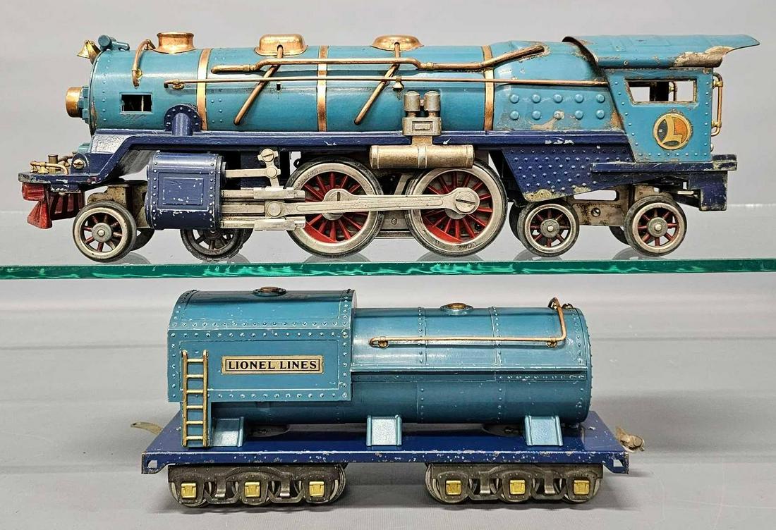 Lionel prewar standard gauge 400E Blue Comet steam locomotive and tender: Lionel prewar standard gauge 400E Blue Comet steam locomotive and tender. The locomotive is missing a number board from one side and has some minor paint issues but would still display well for someon