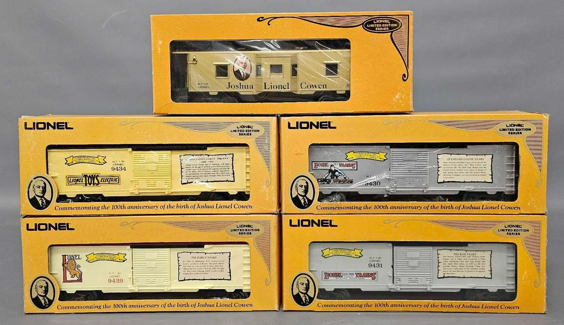 Five Lionel modern era O Joshua L Cowen freight cars in original boxes: Five Lionel modern era O Joshua L Cowen freight cars in original boxes to include four box cars and a bay window caboose, C7-8 in very good to excellent original boxes as seen in the photos.