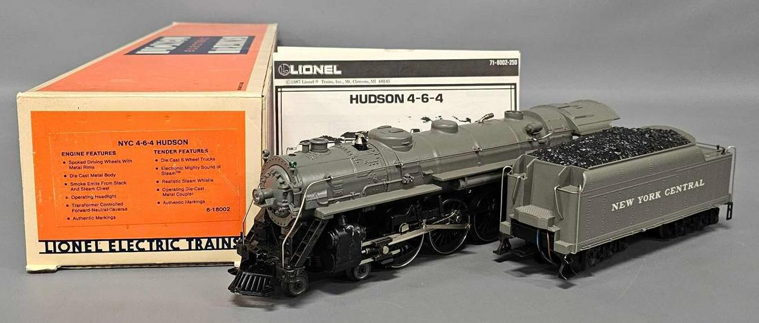 Lionel modern era O New York Central 4-6-4 Hudson steam locomotive in OB 18002: Lionel modern era O New York Central 4-6-4 Hudson steam locomotive in original box, stock number 18002. Locomotive is unrun and C9 in a very good original box with original paperwork as seen in the ph