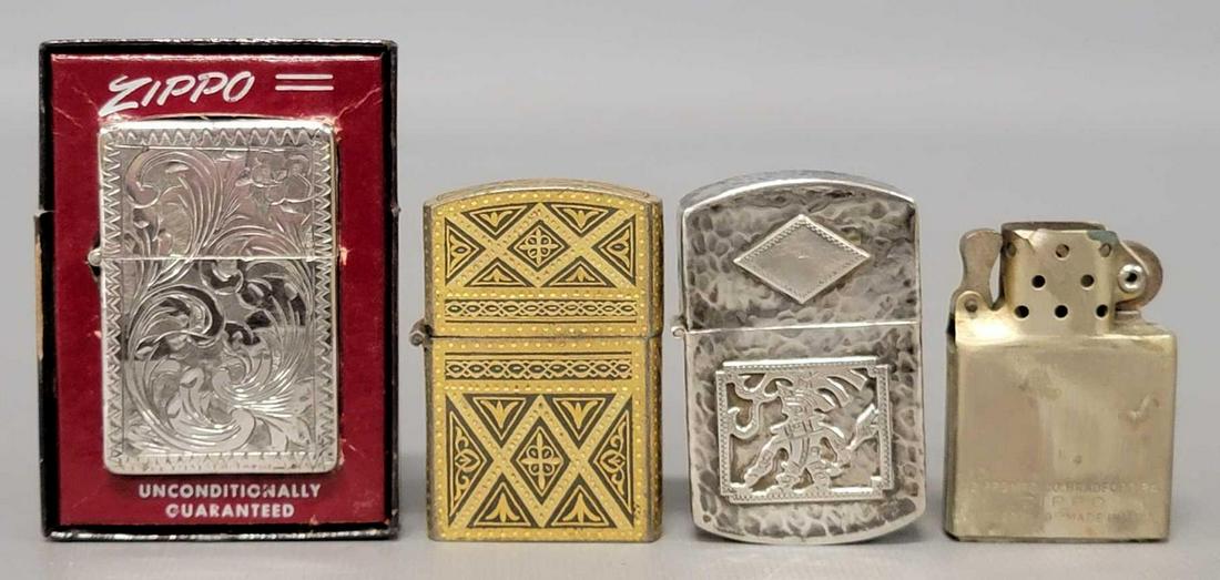 Rare Guatemala Sterling Silver hammered Zippo lighter plus two others: Rare Guatemala Sterling Silver hammered Zippo lighter plus two others. The first is marked Guatemala 925 on the bottom with some Incan art on the side. The other two are unmarked but have zippo mechan