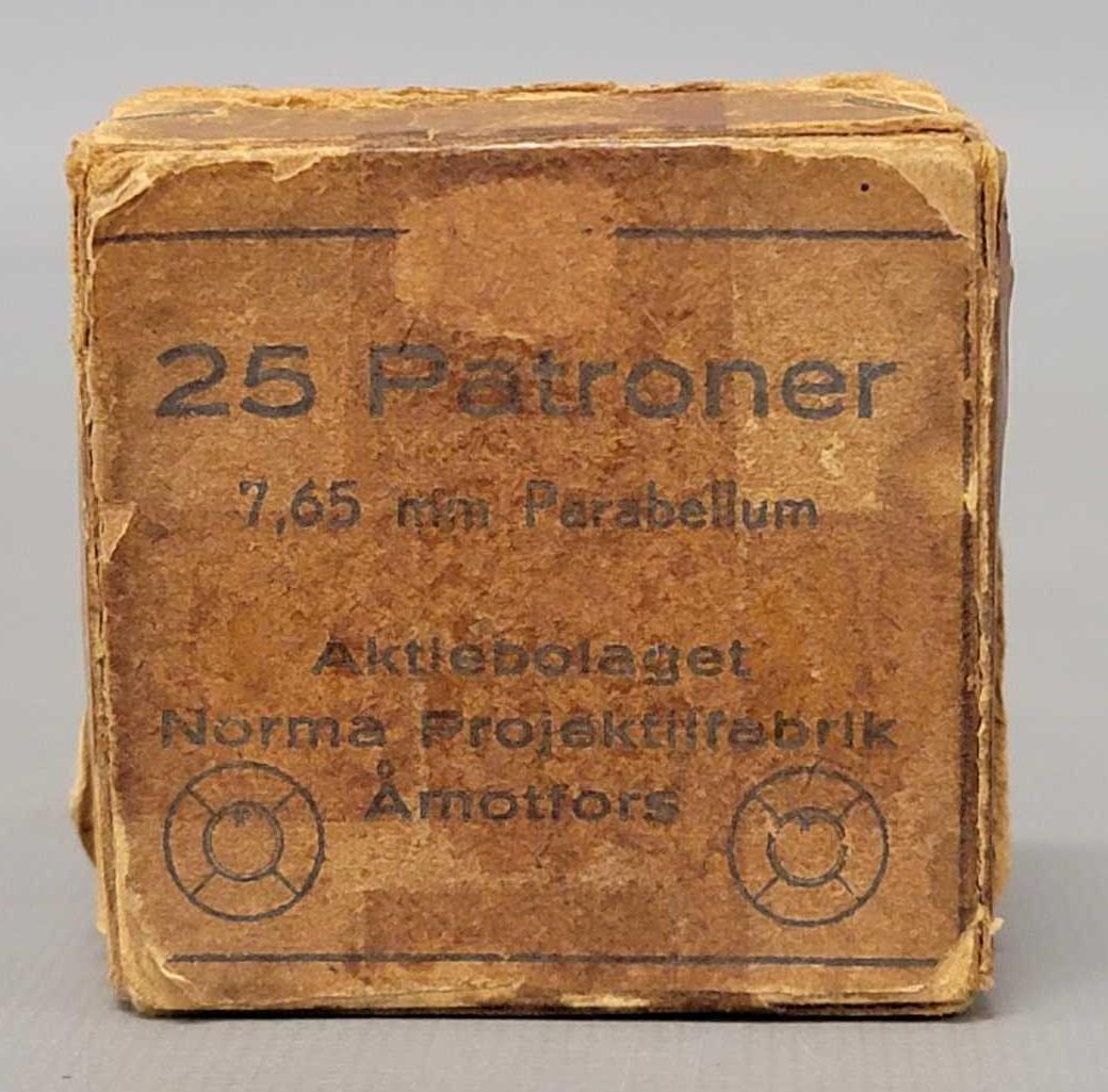 20 rounds of vintage 7,65 Parabellum Patroner ammunition in original box: 20 rounds of vintage 7,65 Parabellum Patroner ammunition in original box, casings are marked NORMA on the rim as seen in the photos. Shipped UPS ground ORM-D only within the 48 contiguous states, no e