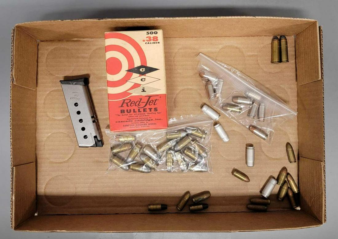 Mixed group of pistol ammunition 9mm 44 mag 45 auto 40 S&W and Sig Sauer P245 magazine: Mixed group of pistol ammunition to include 12- 9mm, 2- 44 mag, 16- 45 auto, 9- 40 S and W, 4 45 auto pellets, a Sig sauer P245 magazine and a half box of Red-Jet Bullets 38 caliber. What you see is w