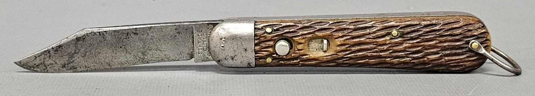 US WWII M2 Schrade airborne switchblade knife Walden, NY: US WWII M2 Schrade airborne switchblade knife Walden, NY, nice shape but does not spring open anymore, marked U.S. PATS Dec 21, 09, Sept 13, 10, June 6, 15 on the opposite side of the blade where then