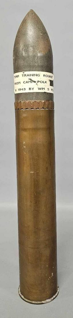 75mm training round from Camp Polk in 1943 by Wm S Read: 75mm training round from Camp Polk in 1943 by Wm S Read, no provenance, just stating what the stickers that are on it say. It is very heavy and measures 22 inches long. Excellent condition as seen in 