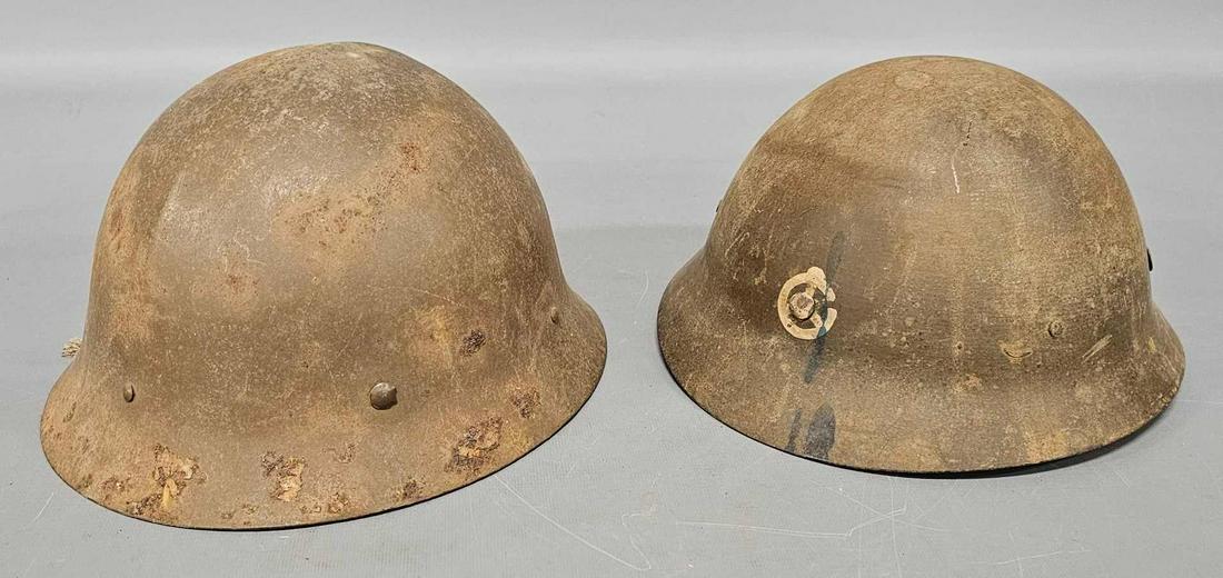 WWII Japanese civil defense helmets with one liner: WWII Japanese civil defense helmets with one liner, both are good to very good condition as seen in the photos.