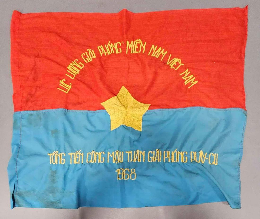 1968 Viet Cong flag from Tet offensive: 1969 Viet Cong flag from Tet offensive, the top section in red translates The Liberation Army of South Vietnam, the bottom reads General Offensive to Liberate Pleiku, Year of the Monkey 1968, very goo