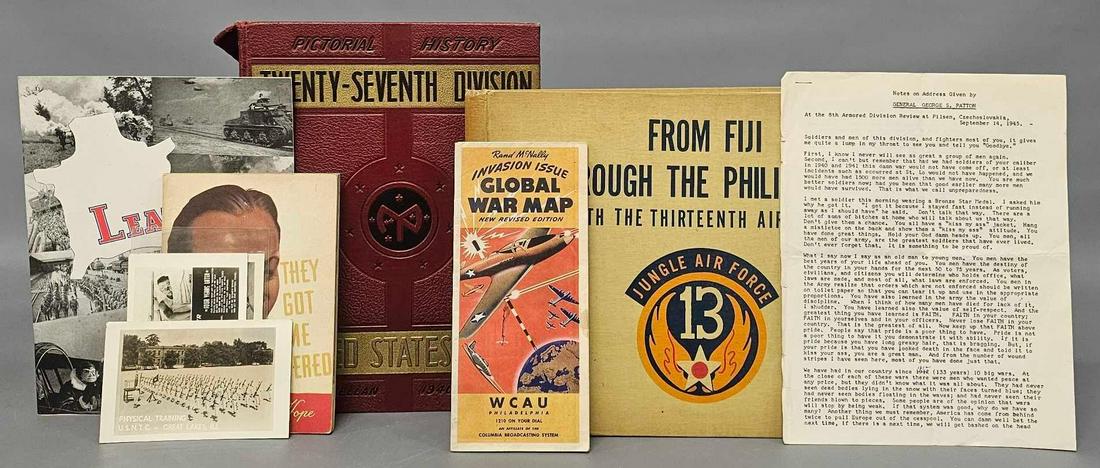 Grouping of WWII US Military memorabilia etc: Grouping of WWII US Military memorabilia to include a second printing of Leather Goes to War, Pictorial History Twenty-seventh Division United States Army Fort McClellan 1940-1941, From Fiji Through t