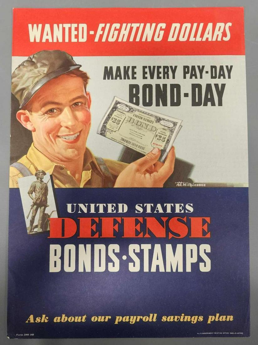 1942 Wanted - Fighting Dollars United States Defense Bonds - Stamps poster: 1942 Wanted - Fighting Dollars, Make every pay-day bond-day, United States Defense Bonds - Stamps. Poster measures 14 x 10 inches and is in excellent condition as seen in the photos.
