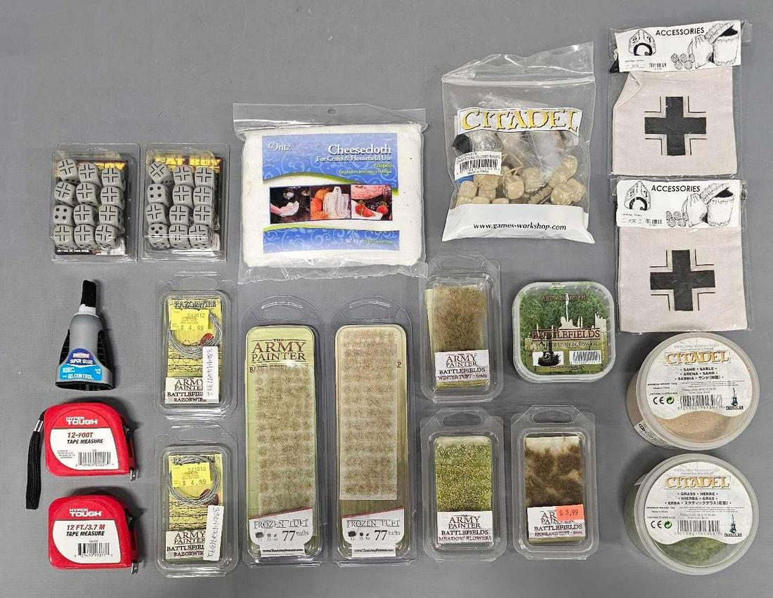 Group of Battlefields and other diorama / Flames of war decorating materials: Group of Battlefields and other diorama / Flames of war decorating materials, many unopened packages, some opened and partially used. Also comes with three DVDs showing how to weather models as seen i